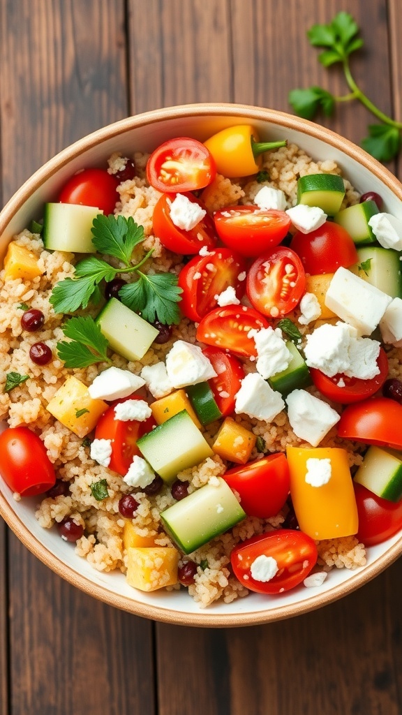 Mediterranean Quinoa Bowl Recipe A colorful Mediterranean quinoa bowl with quinoa, tomatoes, cucumbers, bell peppers, and feta cheese, garnished with parsley.